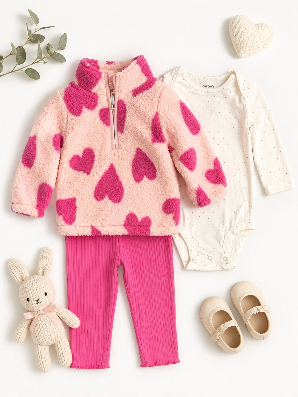 Carter’s 18M Girls 3PC Outfit Set Pink Heart Sherpa Pullover + Leggings NWT